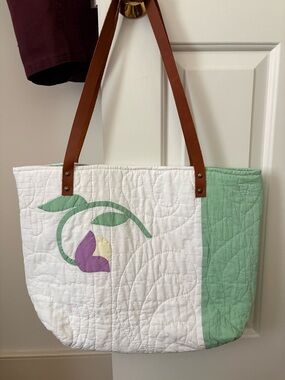 Antique Quilted Floral Tote Bag in White, Mint & Lavender